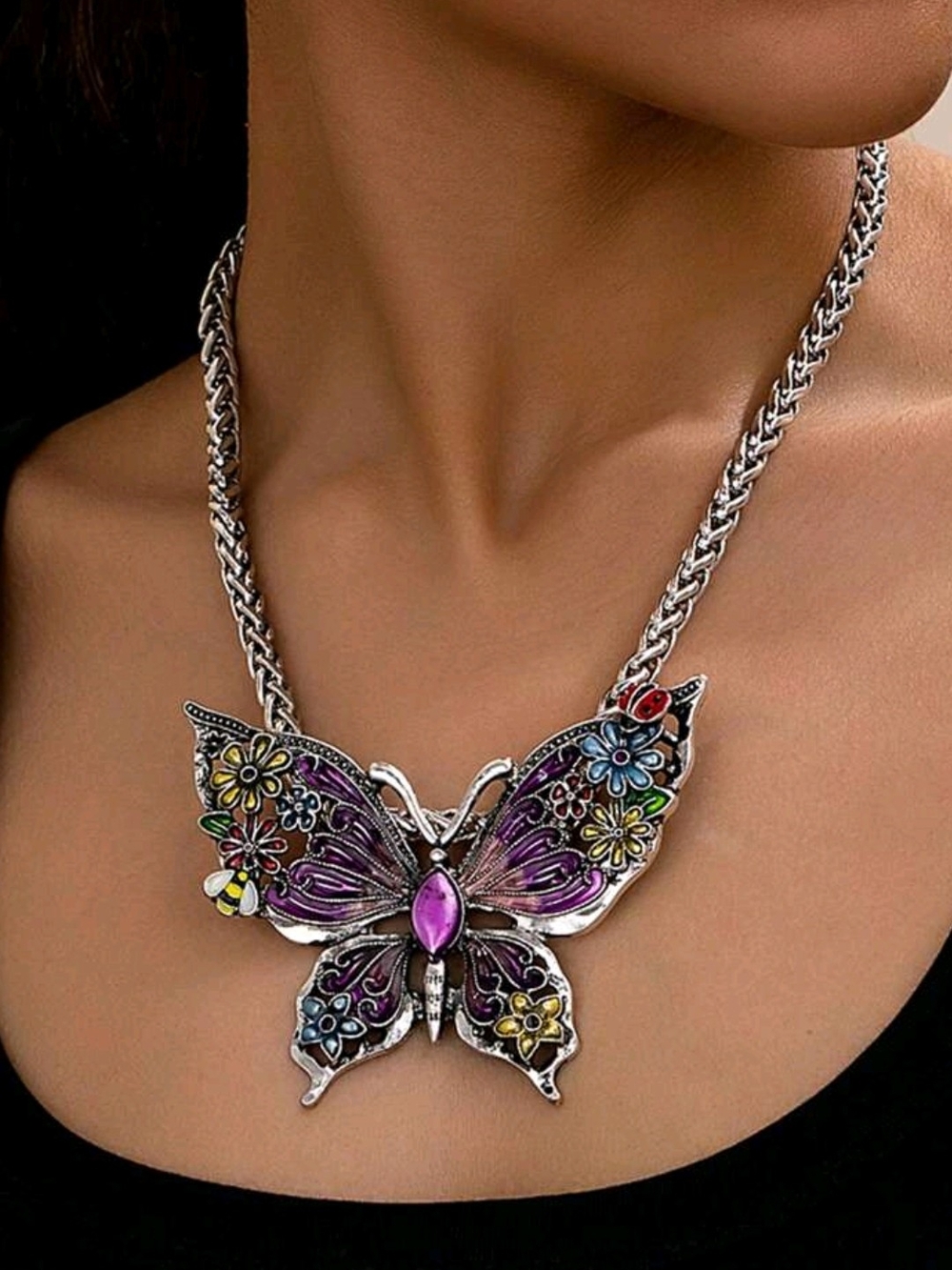 Silver-Tone Purple Butterfly Pendant Necklace with Multicolor Flower Accents